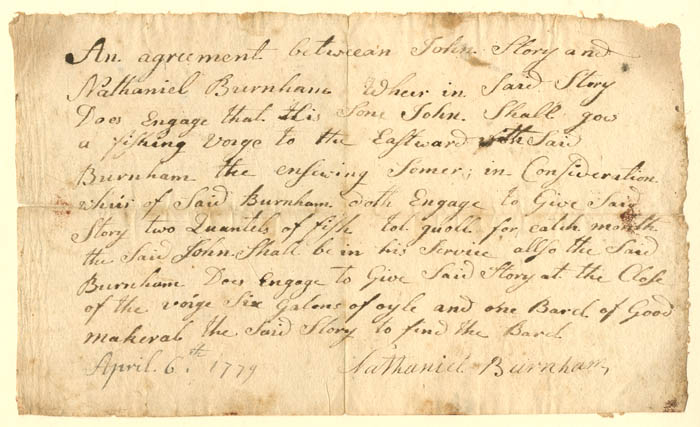 1779 Agreement for Loan - April 6, 1779 - Agreement to Loan Son for a Fishing Voyage for 6 "Galons of Oyle" & "1 Barel of Makeral".